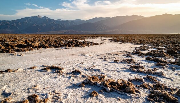 A wide, arid desert landscape stretches towards distant, hazy mountains under a soft, golden sunset sky, with cracked, dry earth in the foreground.