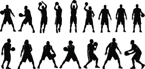 Set of basketball player silhouettes, black vector image of men dribbling, shooting, passing, and posing with the ball for sports concepts,