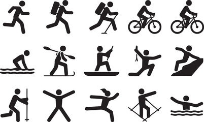 Black silhouette icons depicting various outdoor sports and recreational activities