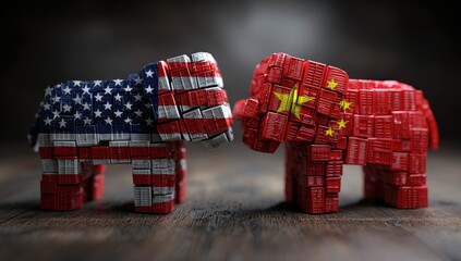 Naklejka premium Two pixelated elephant figures representing nations, with flags displayed on a wooden surface