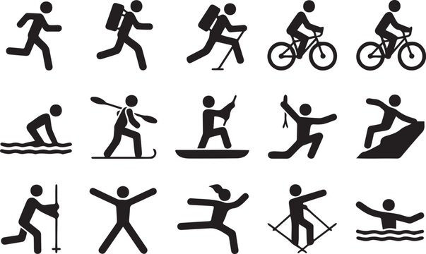 Black silhouette icons depicting various outdoor sports and recreational activities