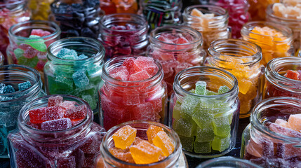 Assorted colorful gummy candy in glass jars with sugar coating