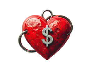A heart pendant with a silver dollar sign on a black background
