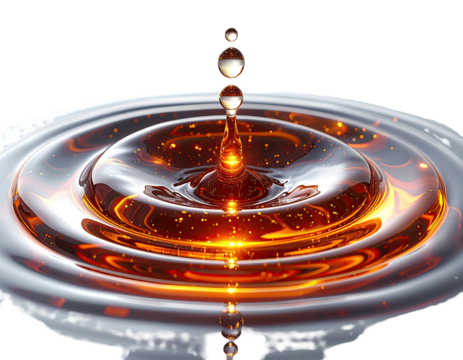 Liquid impact creating concentric ripples. Drop and reflection isolated against a black backdrop