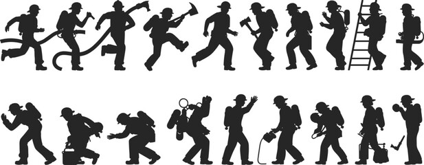Set of firefighter silhouettes, black vector image of brave rescue workers in action running, carrying equipment, ladder, hose, and axe, isolated on white background.