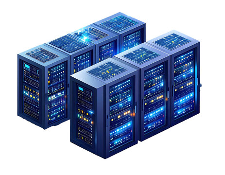 Isometric digital illustration of data server racks, glowing lights. Blue and black color scheme