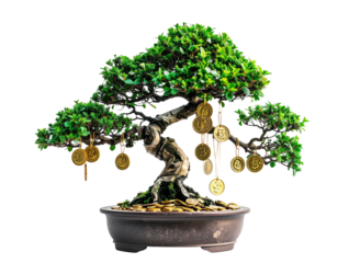 Digital bonsai tree with bitcoin coins as leaves, set against a transparent background