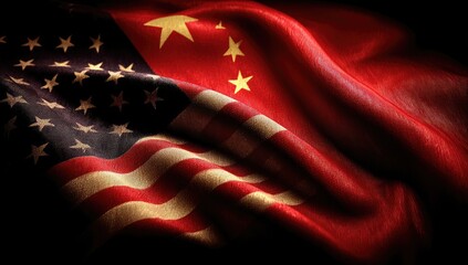 A digitally created juxtaposition of two nations' flags, billowing against a dark backdrop