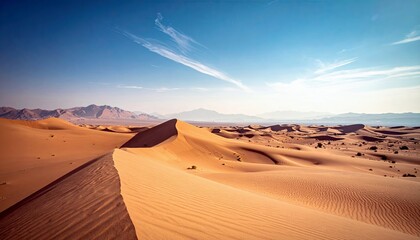 A sweeping view of a desert landscape featuring undulating sand dunes, a clear blue sky with thin clouds, and a range of mountains in the distance.