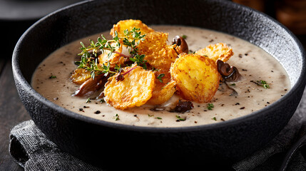Creamy mushroom soup topped with crispy potatoes in black bowl