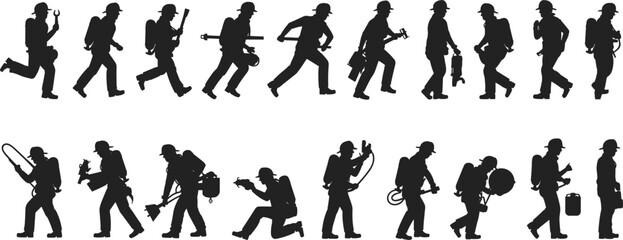 Set of firefighter silhouettes, black vector image of rescue workers in action running and walking, carrying tools, helmet, axe, and fire extinguishing equipment,