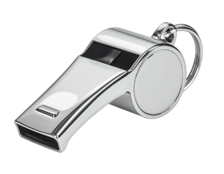 A gleaming metallic whistle with a prominent loop, isolated on a stark black background