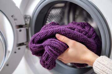 A hand places a purple knitted garment into a washing machine
