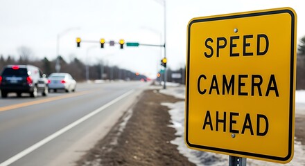 Speed camera ahead warning sign on a rural road with traffic