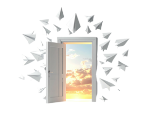 Open door framed by paper airplanes with a bright sunset view against a black backdrop
