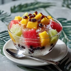 Bowl of colorful shaved ice dessert