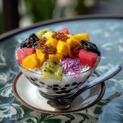 Colorful dessert bowl with tapioca pearls and fruit