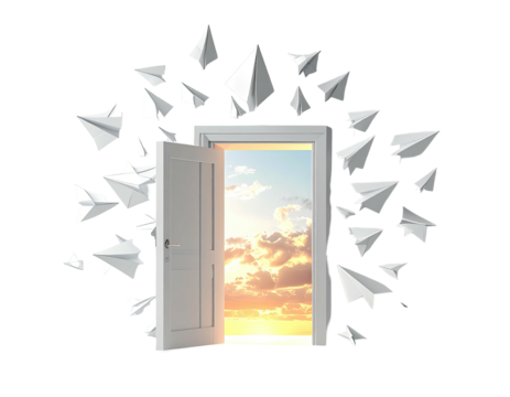 Open door framed by paper airplanes with a bright sunset view against a black backdrop