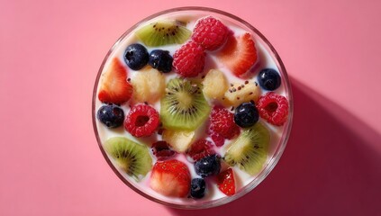 Glass bowl of yogurt topped with fruit