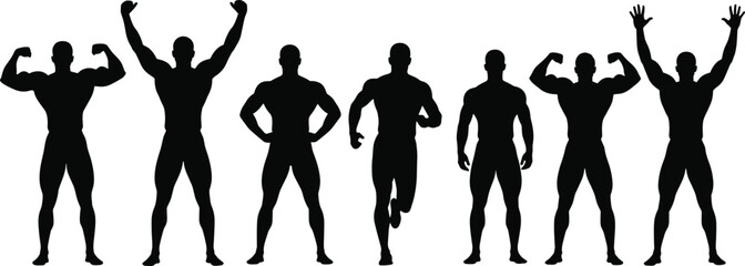 Set of strong bodybuilder silhouettes, black vector image of muscular men posing, flexing, running, and celebrating success for fitness and strength concepts