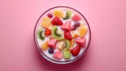 Colorful fruit salad in a bowl of milk
