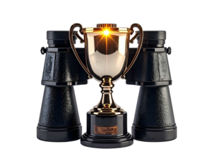 Trophy cup illuminated by a central light source, framed by a pair of binoculars