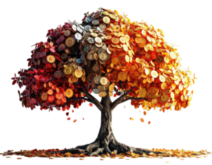 A vibrant tree with coin-shaped leaves in autumn hues against a stark black background