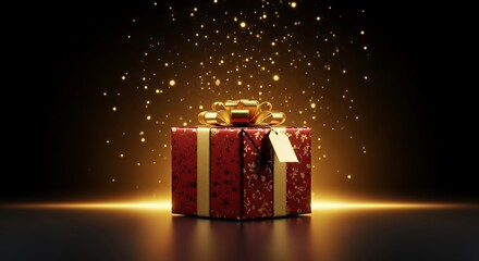 Luxurious red gift box with gold pattern and bow on dark background with falling golden magic glitter dust.