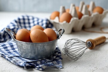 Fresh eggs in a vintage tin bowl