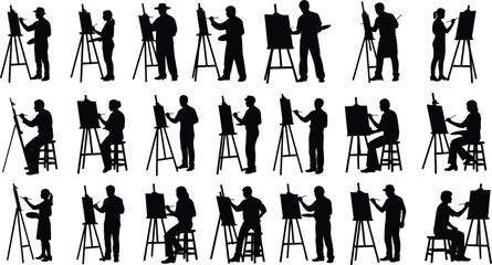 Obraz premium Black Silhouette Set of Diverse Artists Painting on Easels, Isolated on White Background, Showing Various Poses While Standing and Sitting.