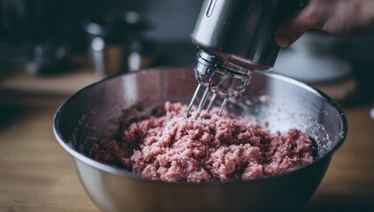 Mixing raw meat in a bowl with electric beaters