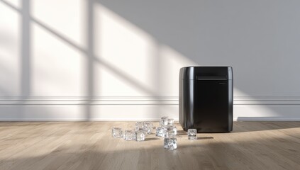 Modern, dark gray ice maker on light hardwood floor. Sunlight casts shadows on the wall