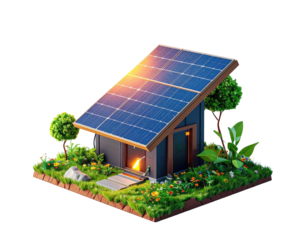 Isometric view of a small cabin featuring solar panels on the roof with surrounding greenery
