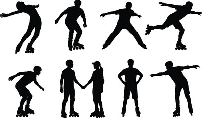 Black Silhouette Set of Inline Roller Skaters, Male and Female, Isolated on White Background, Showing Various Action and Leisure Poses.