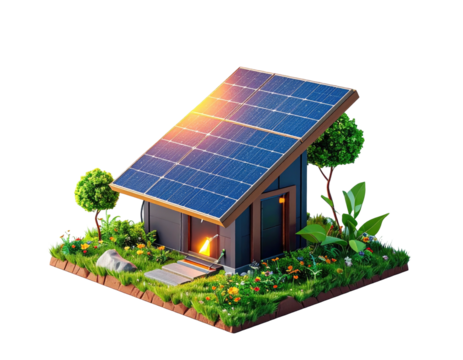 Isometric view of a small cabin featuring solar panels on the roof with surrounding greenery