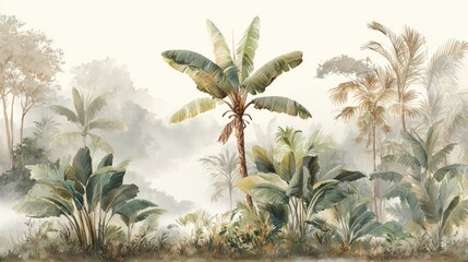 A serene mural depicts a lush tropical forest scene with various palm trees and dense foliage © yusran