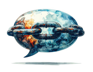 A globe within a speech bubble, intertwined with a metal chain, on a black backdrop
