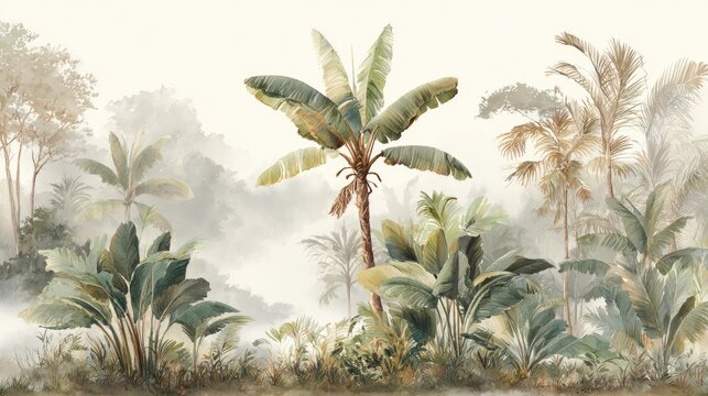 A serene mural depicts a lush tropical forest scene with various palm trees and dense foliage