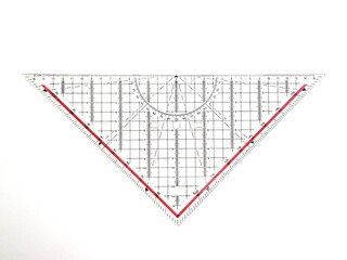 Transparent Triangle Ruler with Red Lines on White Background With Protactor, Ruler with grid, school supplies