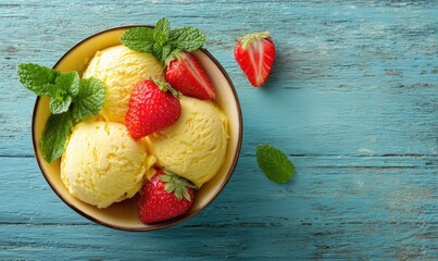 Top-down view of a bowl of yellow ice cream, topped with fresh strawberries and mint leaves on a teal wooden table