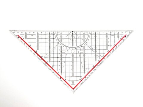 Transparent Triangle Ruler with Red Lines on White Background With Protactor, Ruler with grid, school supplies