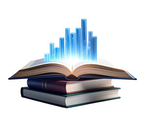 Stack of books with open top book emitting blue glowing data chart, on a black background