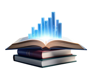 Stack of books with open top book emitting blue glowing data chart, on a black background