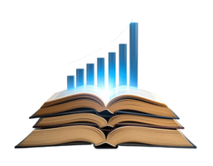 Glowing bar graph rising from open books stacked. Representing growth and learning concept