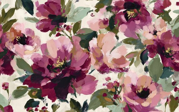 Colorful floral painting features large, vibrant blooms with green foliage on an off-white backdrop