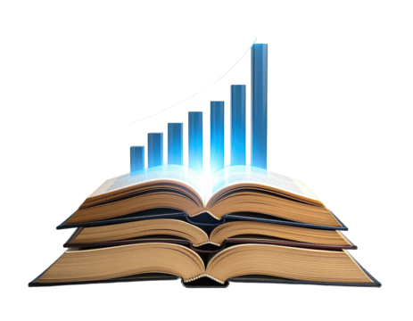 Glowing bar graph rising from open books stacked. Representing growth and learning concept
