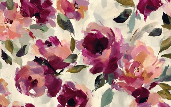 A painterly floral arrangement with soft hues of pink, plum, and green on a creamy, light backdrop