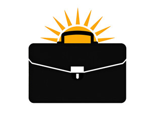 A black briefcase with a white clasp, sun peaking over. Vector-style illustration, minimal design