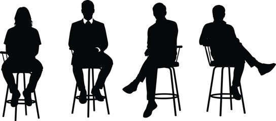 Vector Collection of Diverse People Silhouettes Sitting on High Bar Stools Illustrating Relaxation, Conversation, and Professional Interview Settings