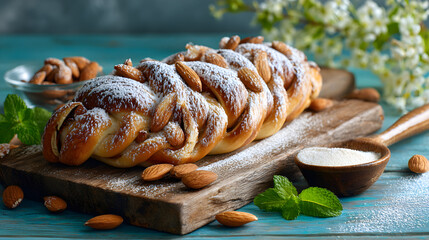 Decorative braided bread with almonds and powdered sugar on rustic board